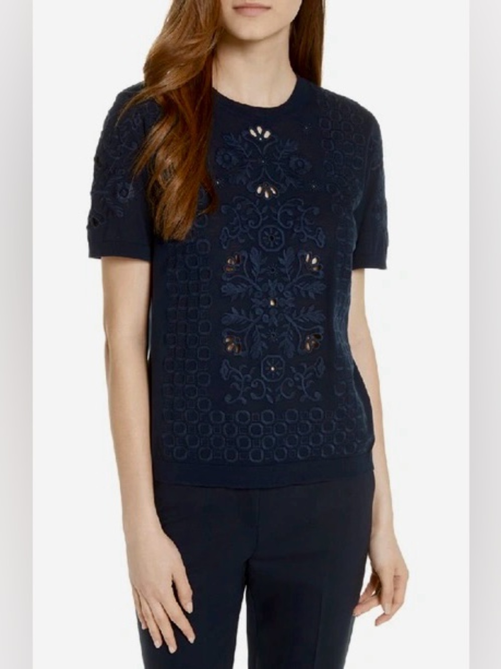 Tory Burch Channing Eyelet-embroidered Short-sleeve Sweater
